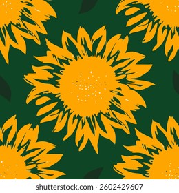 Yellow sunflower floral pattern with dark green background. Seamless pattern with florals for fabric, textiles, clothing, wrapping paper. Vector illustration.