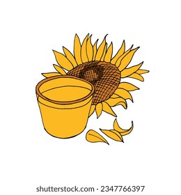 Yellow sunflower flower and a glass of sunflower oil. Vector illustration in the style of doodles.