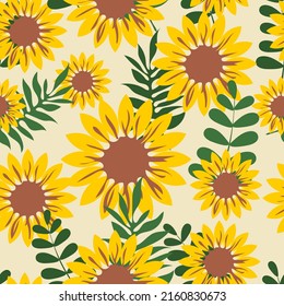 Yellow sunflower flowers with green leaves create a seamless pattern on a beige background for textiles, fabrics. Vector.