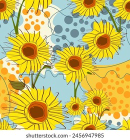 Gelbe Sonnenblumen nahtlose Muster mit abstrakten bunten Hintergrund. Vorlage für modernes Design von Stoff, Textil, Verpackung