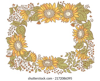 yellow Sunflower frame decor elements. Vector line drawing of sunflowers frame isolated on white for greeting card or print