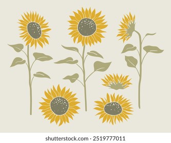 Conjunto de ilustración de linograbado de girasol amarillo. Gráfico dibujado a mano. Lindo dibujo a color de elemento de otoño y flor de otoño.