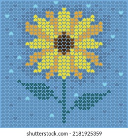 Yellow sunflower on blue background. Pattern made of little heart shapes. Ukrainian symbol.