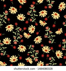 Yellow sunflower pattern. Hand drawn red, orange flowers, daisy with leaves. Perfect for autumn, fall, textile, fabric, decor. Seamless repeat tile swatch.