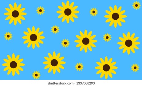 Yellow sunflower pattern icon. Flat design. Blue background vector illustration.