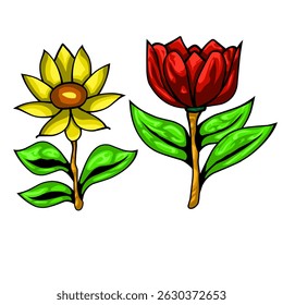 yellow sunflower and red flower illustration for nature themed graphic design and background assets