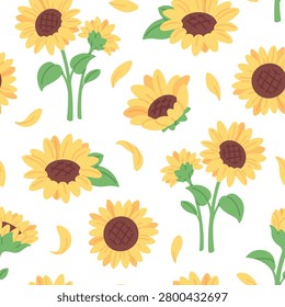 Yellow sunflower seamless pattern. Blooming sunflowers, agriculture plants with oilseeds, yellow petals. Colorful print template, floral racy vector background