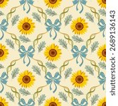 Yellow sunflower seamless pattern with blue bows, curling ribbons and green leaves. Vintage decorative nostalgic countryside textile, wallpaper or background symmetrical design