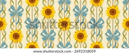 Yellow sunflower seamless pattern with blue bows, curling ribbons or green vines on striped beige background. Vintage decorative nostalgic countryside textile, wallpaper symmetrical design