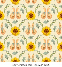 Yellow sunflower seamless pattern with butternut squash, curling ribbons and green oak leaves. Vintage decorative nostalgic countryside textile, wallpaper or background symmetrical design, vector illustration