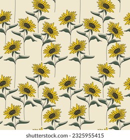 Patrón sin costuras de girasol amarillo. Flor de Helianthus. Ilustración vectorial continua de línea floral. Fondo botánico. Papel de escritorio, fondo, tela, textil, impresión, papel envolvente, diseño gráfico.
