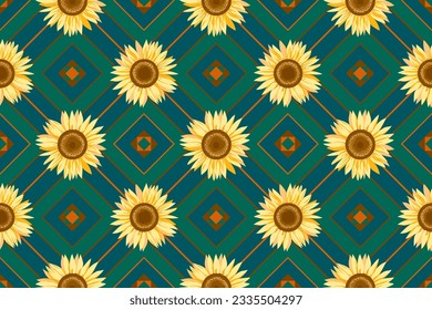 Yellow sunflower seamless pattern on geometric square dark color textured background. Decorative cute floral vector illustration blue and green backdrop. Textile, fabric print design