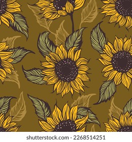 Yellow sunflower, seamless vector pattern. Nature summer plant botanical flora ornament background.