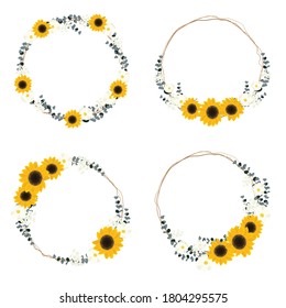 yellow sunflower wild flower and eucalyptus leaf on dry twig bouquet circle wreath frame collection flat style
