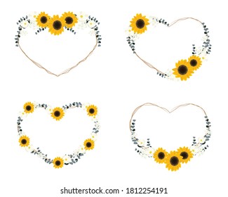 yellow sunflower wild flower and eucalyptus leaf on dry twig bouquet heart wreath frame collection flat style