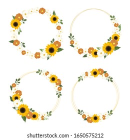 yellow sunflower wreath with golden round frame for spring or autumn collection eps10 vectors illustration