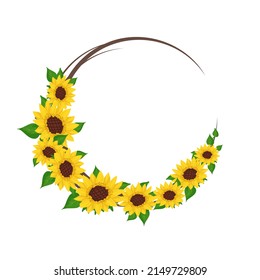 Yellow sunflower wreath with green leaves. Round frame, cute bright flowers with dark hearts. Festive decorations for wedding, holiday, postcard, poster and design. Vector flat illustration