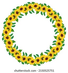 Yellow sunflower wreath with green leaves. Round frame, cute bright flowers with dark hearts. Festive decorations for wedding, holiday, postcard, poster and design. Vector flat illustration