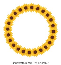 Yellow sunflower wreath. Round frame, cute bright flowers with dark hearts and leaves. Festive decorations for wedding, holiday, postcard, poster and design. Vector flat illustration