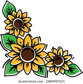 Gelbe Sonnenblumen grenzen an die Vektorillustration. Sonnenblumenzeichnung