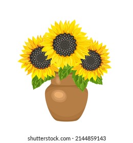 Yellow sunflowers in brown vase isolated on white background. Vector floral illustration in cartoon flat style.