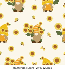 girasoles amarillos con gnomos dibujados a mano patrón sin fisuras ilustración vectorial para invitación fiesta de cumpleaños celebración tarjeta de boda póster banner textil papel pintado fondo de papel envolver