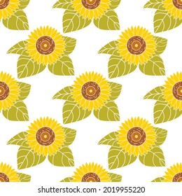 Yellow sunflowers and green leaves on a white background. Pattern of autumn harvest. Ornament for wrapping paper, wallpaper, textile. Seamless vector illustration flat style.