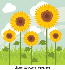 Yellow sunflowers landscape background illustration