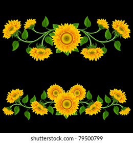 Yellow sunflowers on the  black background. Design element.