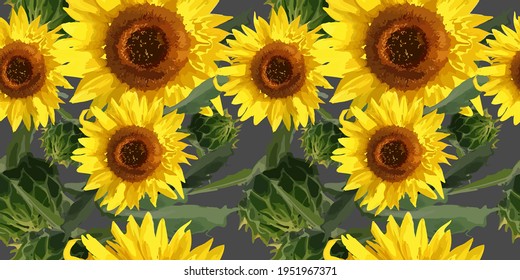 yellow sunflowers on gray isolated background, seamless vector texture of sunflowers on gray background with green leaves