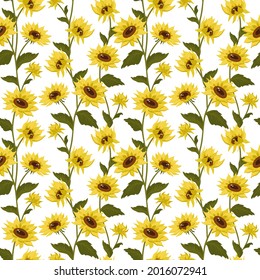 Yellow sunflowers on a white background. Sunflowers seamless pattern. Vector illustration, scalable to any size. For fabric, covers, wallpaper, wrapping paper, web, print
