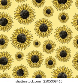 Yellow sunflowers pattern seamless colorful with beautiful flowers with seeds in middle for wallpaper design for interior vector illustration