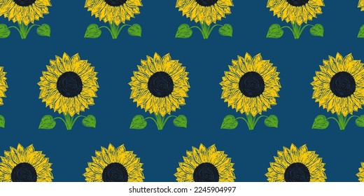 Gelbe Sonnenblumen nahtloses Muster. Handgezeichnete, florale Vektorgrafiken. Pen- oder Markerblumen-Skizze. Naturstiftzeichnung