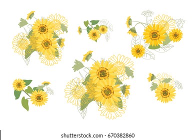 Yellow Sunflowers. Vector Illustration of decorative floral design for wedding invitations and greeting cards.