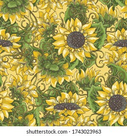 Yellow sunflowers. Vector seamless pattern with hand drawn illustrations