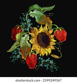 Yellow sunflowers, violet flowers and meadow herbs. Strawberry plant with leaves.  Fashion template for clothes, textiles and t-shirt design. Summer garden art. Embroidery style