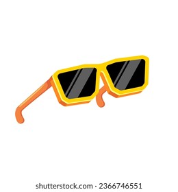 Gafas de sol amarillas con lentes negras aisladas sobre fondo blanco. Caricatura niños graciosos icono naranja de gafas de sol de verano, etiqueta y signo. Ilustración gráfica del vector de gafas de sol frío