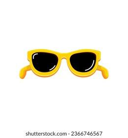 Yellow sunglasses with black lens isolated on white background. Cartoon funny kids orange summer sunglasses icon, label and sign. Cool hipster Sunglasses vector graphic illustration