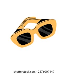 Gafas de sol amarillas, gafas brillantes. Espectáculos de sol retro, accesorio vintage de verano, lentes de ojos divertidos, anteojos unisex. Moda de los 80, estilo de los 90. Ilustración vectorial aislada plana sobre fondo blanco