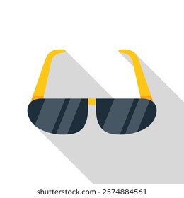 Yellow sunglasses with dark lenses are resting on a plain white background, casting a long shadow below