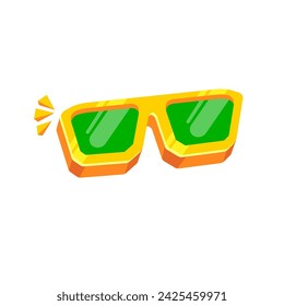 Gafas de sol amarillas con lente verde aisladas sobre fondo blanco. Dibujos animados divertidos niños naranja gafas de sol de verano icono, etiqueta y signo. Ilustración gráfica vectorial de gafas de sol