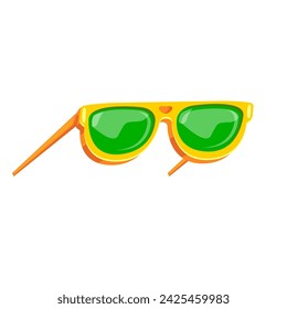 Yellow sunglasses with green lens isolated on white background. Cartoon funny kids orange summer sunglasses icon, label and sign. Cool hipster Sunglasses vector graphic illustration