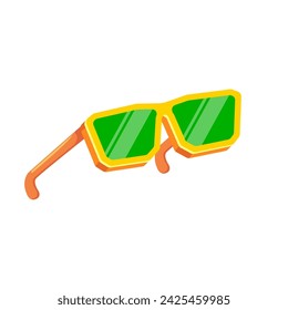 Gafas de sol amarillas con lente verde aisladas sobre fondo blanco. Dibujos animados divertidos niños naranja gafas de sol de verano icono, etiqueta y signo. Ilustración gráfica vectorial de gafas de sol