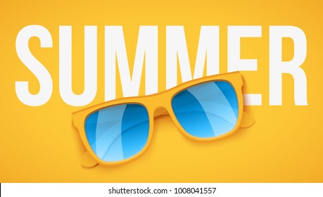 Yellow sunglasses on yellow background with Summer text. Vacation or shopping sale advertisement. Editable Vector Illustration