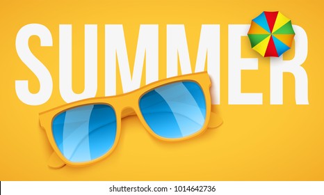 Yellow sunglasses and parasol on yellow background with Summer text. Vacation or shopping sale advertisement. Editable Vector Illustration