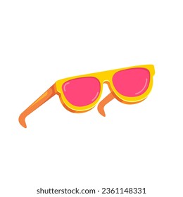 Gafas de sol amarillas con lente rosada aisladas sobre fondo blanco. Caricatura graciosa niños icono de gafas de sol de verano, etiqueta y signo. Ilustración gráfica vectorial de gafas de sol