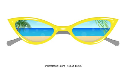 Yellow sunglasses with seascape reflection. Element for design. Hello summer. Vector illustration isolated on white background.