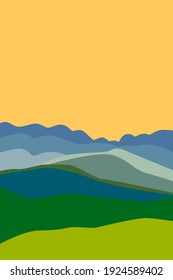 Yellow sunny sky. Blue, gray and green mountain silhouette. Snowy peaks. Green field or meadow. Abstract texture. Nature and ecology. Vertical orientation. For social media, post cards and poster