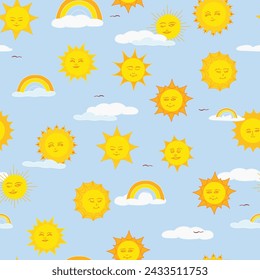 Yellow Suns Blue Sky White Clouds Seamless Pattern 