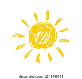 soles amarillos en diseño plano aislado fondo blanco. iconos divertidos sol doodle. Signo plano plano moderno de la luz del sol. . Ilustración vectorial